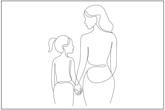 Back View Mom Daughter Line Art for Modern Branding & Marketing